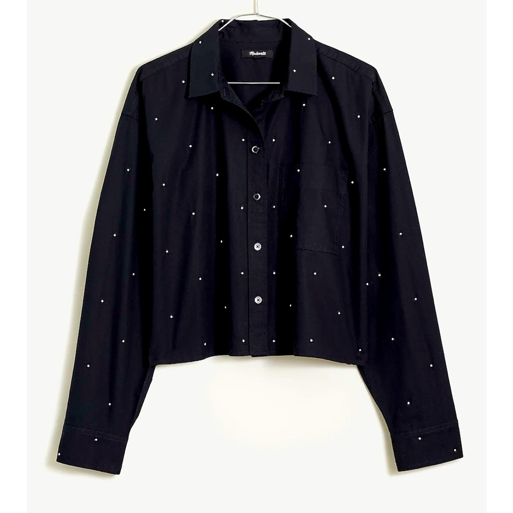 NEW WITH TAGS Madewell Black Poplin‎ Embellished Cropped Button-Up Shirt Medium